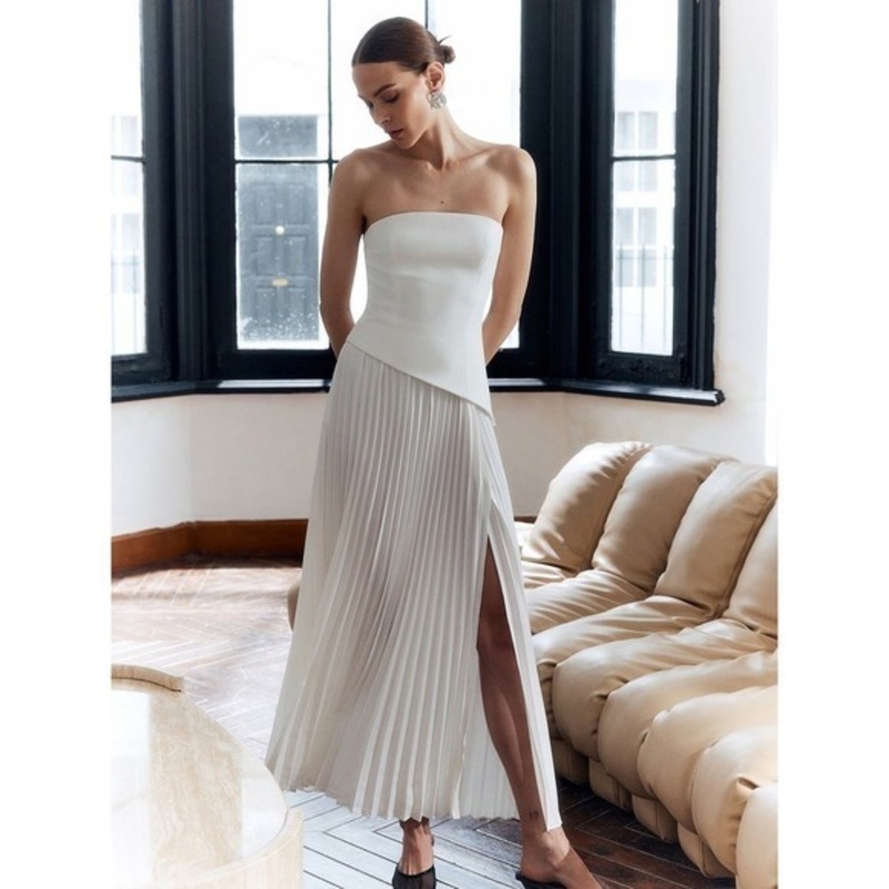 Commense White Strapless Pleated Maxi Dress with Slit - Elegant Party Cocktail - Picture 2 of 12